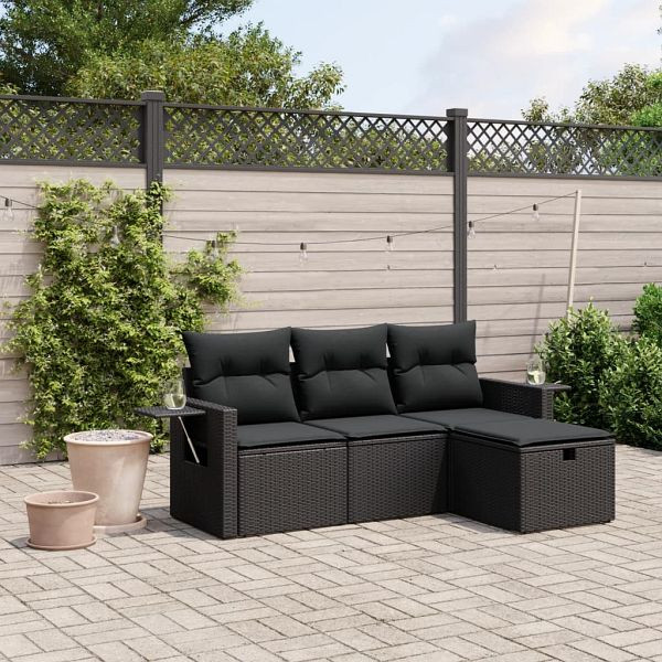 vidaXL 4-teilig Garten-Sofagarnitur mit Kissen Schwarz Poly Rattan, 3263751