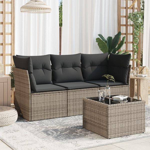 vidaXL 4-teilig Garten-Sofagarnitur mit Kissen Grau Poly Rattan, 3217220