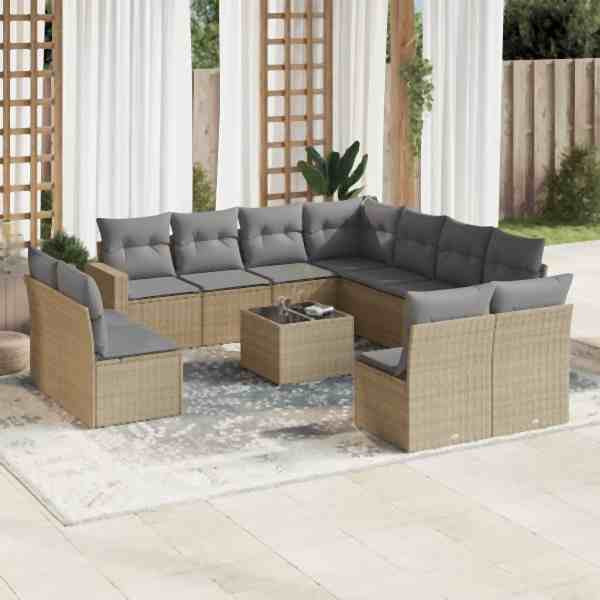 vidaXL 12-tlg. Garten-Sofagarnitur mit Kissen Beige Poly Rattan, UV-beständig, 3219129