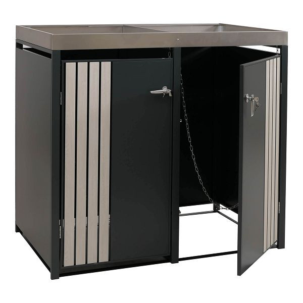 Mendler 2er-Mülltonnenverkleidung HWC-O67, Mülltonnenbox mit Pflanzkasten, Metall 125x132x84cm 55kg, anthrazit Holzoptik hell, 122368+122369