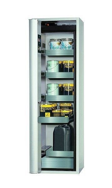 asecos Sicherheitsschrank S-PHOENIX Vol.2-90, S90.196.060.FDAC in lichtgrau RAL 7035 mit 4x Auszugswanne Standard (Edelstahl), 30235-001-30276