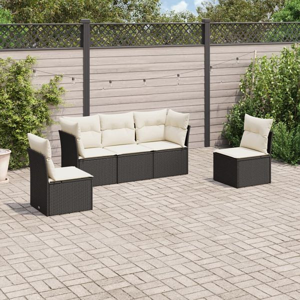 vidaXL 5-teilig Garten-Sofagarnitur mit Kissen Schwarz Poly Rattan, 3217346