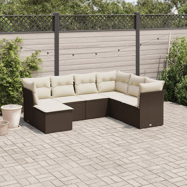 vidaXL 7-teilig Garten-Sofagarnitur mit Kissen Braun Poly Rattan, 3217993