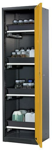 asecos Chemikalienschrank Systema-T CS-54R, Korpus anthrazit, Flügeltüren gelb, 4 Tablarauszüge, 208888