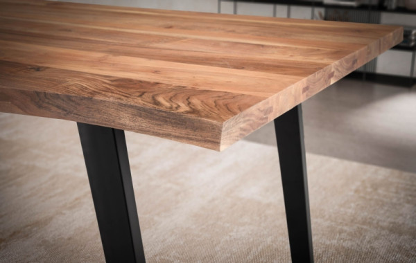 Wohnling Esszimmertisch 160x80x76 cm Akazie Massivholz/Metall Esstisch Baumkante, Küchentisch mit U-Beinen in Schwarz, Holztisch Rechteckig, WL7.258