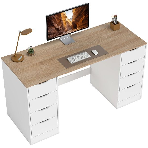 HOMCOM 140 cm Computertisch, 8 Schubladen, Schreibtisch für Homeoffice, Schlafzimmer, Stahl, Holz, Weiß, 836-660V90WT