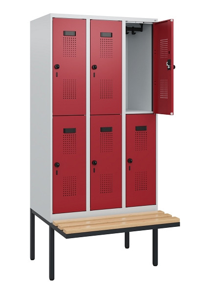 C+P Doppelstock-Spind Evolo PLUS, Bank, 6 Fächer, 1950x900x815mm, 7035/3003, Drehriegel, Sitzfläche Buche-Hartholz, 0493405-30 S10004