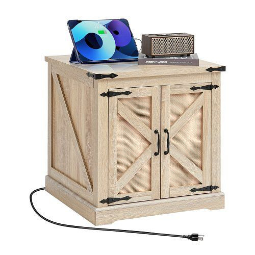 VEVOR rechteckiger Rattan-Couchtisch mit MDF-Platte, Stauraum & Retro-Metallscharnieren, im Boho-Stil mit Steckdose, ZFXKFZYMSMDFDB5QJV2