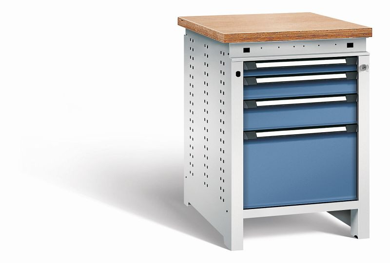 Otto Kind Werkbank Serie function Typ 108, Multiplexplatte, bündig, 4 Schubladen, mit Zentralverschluss, Gehäuse RAL 7035, Front RAL 5023, 072325164