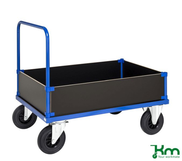 Kongamek Kofferwagen, 2 Bock- und 2 Lenkrollen aus Vollgummi mit Bremsen, 1000 x 700 x 900 mm, niedrige Kanten, blau pulverlackiert, KM335-2LB