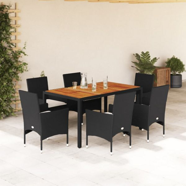 vidaXL 7-tlg. Garten-Essgruppe mit Kissen Schwarz Poly Rattan Akazie, 3278666