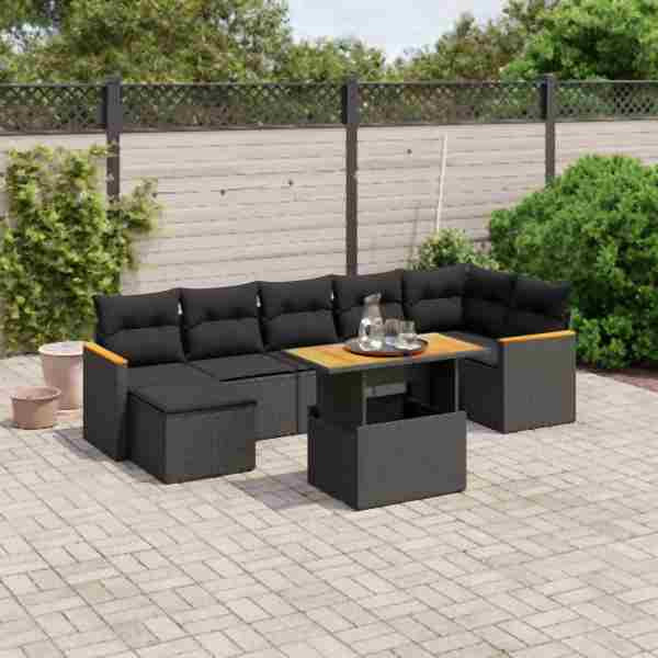vidaXL 8-tlg. Garten-Sofagarnitur mit Kissen Schwarz Poly Rattan, UV-beständig, 3273183