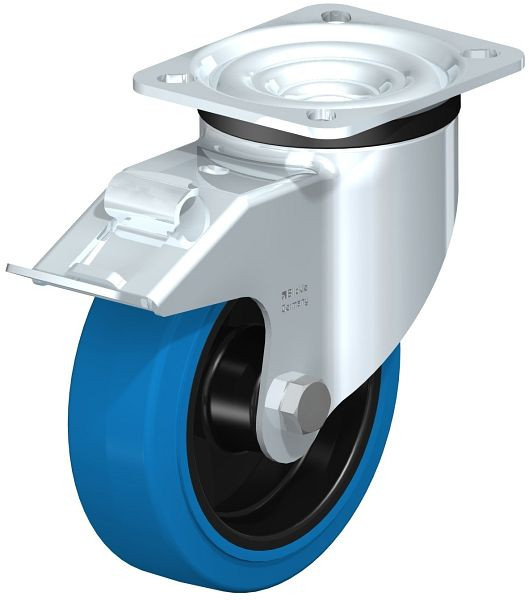 Blickle LK-POEV 125R-1-FI-SB Stahlblech-Lenkrolle, schwere Ausführung, mit Anschraubplatte & Feststeller, Elastik-Vollgummi, Blau, 614941