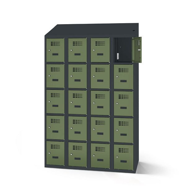 Rotstahl Fächerschrank, 20 Fächer, kurzer Sockel, mit Ladefunktion, Schrägdach, Korpus: anthrazitgrau, Türen: resedagrün, 2180-040500-1201112-7016-6011
