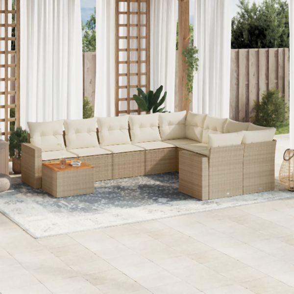 vidaXL 10-tlg. Garten-Sofagarnitur mit Kissen Beige Poly Rattan, 3256618