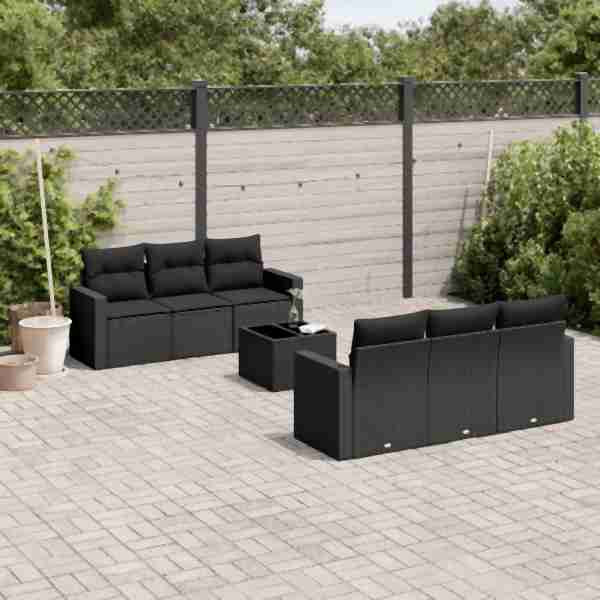 vidaXL 7-tlg. Garten-Sofagarnitur mit Kissen Schwarz Poly Rattan, UV-beständig, 3218695