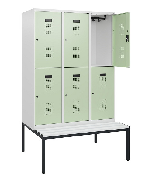 C+P Doppelstöckiger Spind Evolo PLUS, Bank, 6 Fächer, 1950x1200x815mm, 9016/6019, Zylinderschloss, Sitzfläche Kunststoff, Sitzbank, 0493505-32 S10154