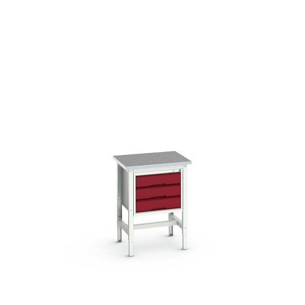 bott verso Werkbank (Linoleum-Platte) mit Querstrebenset und 3 Schubladen, BxTxH: 700 x 600 x 780 - 930 mm, Lichtgrau / Purpurrot, 16921603.24