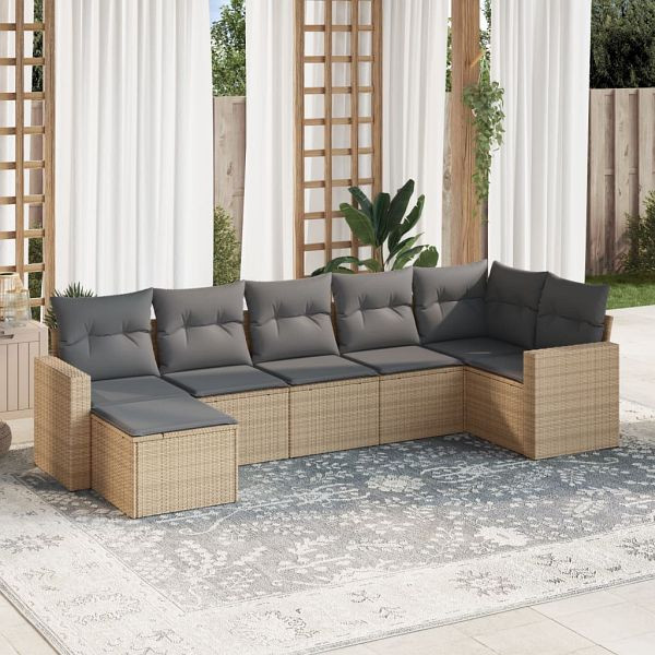 vidaXL 7-tlg. Garten-Sofagarnitur mit Kissen Beige Poly Rattan, 3219269