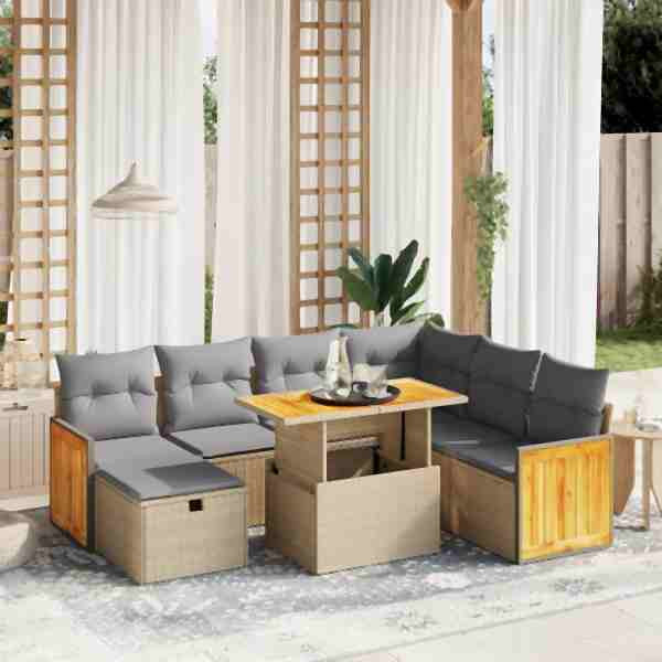 vidaXL 8-tlg. Garten-Sofagarnitur mit Kissen Beige Poly Rattan, UV-beständig, 3276265