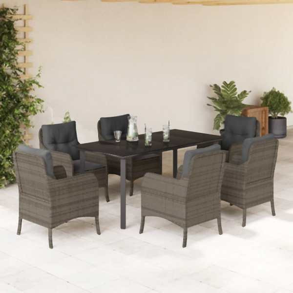 vidaXL 7-tlg. Garten-Essgruppe mit Kissen Grau Poly Rattan, UV-beständig, 3211959