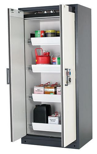 asecos Feuerbeständiger Gefahrstoffschrank Select W-94, 4 Auszugswannen, Türen weiß, 201017