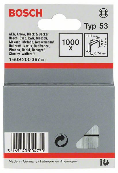 Bosch Feindrahtklammer Typ 53, 11,4 x 0,74 x 12 mm, 1000er-Pack, 1609200367