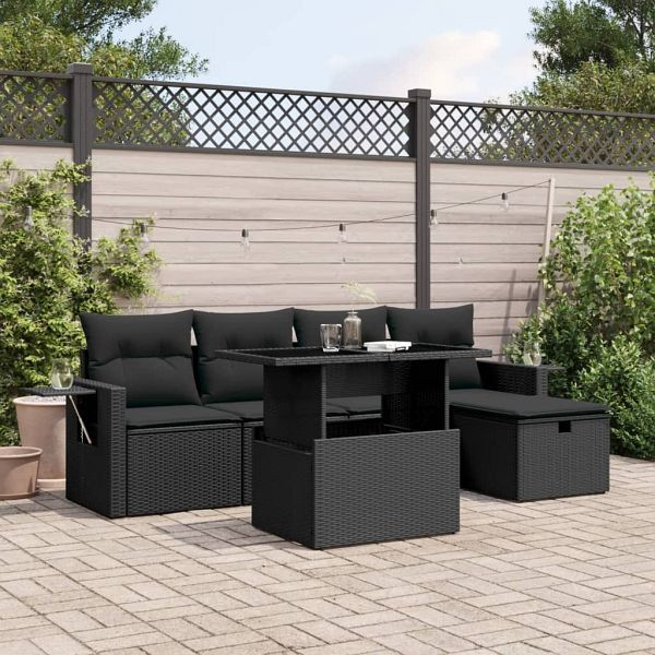 vidaXL 6-teilig Garten-Sofagarnitur mit Kissen Schwarz Poly Rattan, 3274965