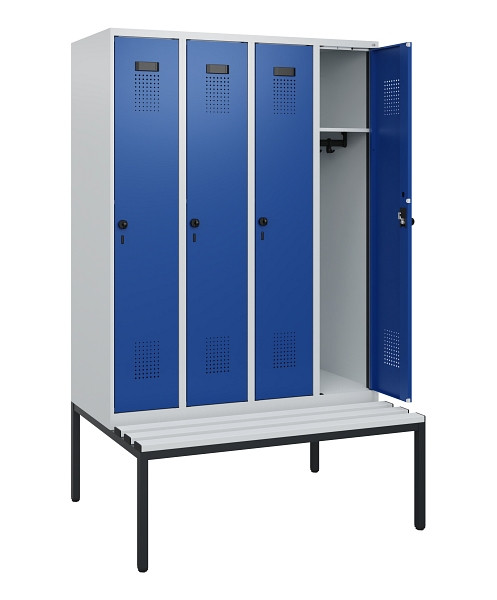 C+P Spind Evolo PLUS, 4 Abteile, 1950x1200x815mm, 7035/5010, Drehriegel, Sitzfläche Kunststoff, Sitzbank, 0490505-40 S10060