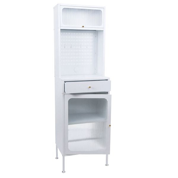 Mendler Highboard HWC-P99, Hochschrank Küchenschrank Saugrobotergarage, Staufächer Metall Glas 182x54x40cm, weiß, 120603