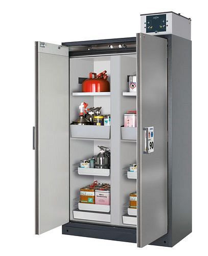 asecos Feuerbeständiger Gefahrstoffschrank Select, Mittelwand, Einlegeböden, Auszugswannen, silber, 266860
