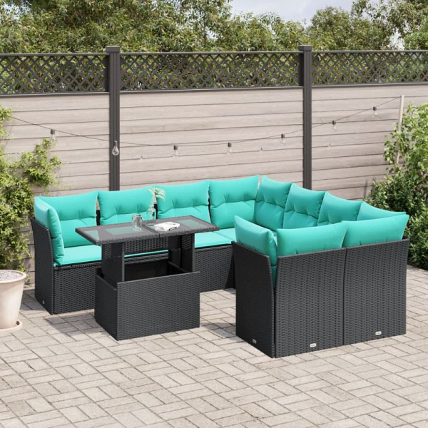 vidaXL 9-teiliges Gartensofa-Set mit Kissen, schwarzes Polyrattan, 3266427