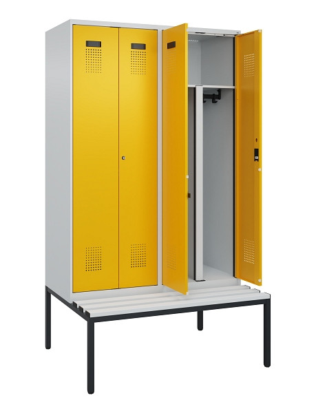 C+P PSA Doppel-Spind Evolo PLUS, Bank, 4 Abteile, 2120x1200x815mm, 7035/1004, Zylinderschloss, Sitzfläche Kunststoff, Sitzbank, 0490527-40P S10081