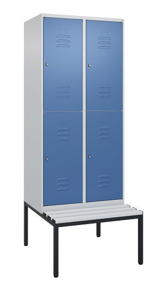 C+P Doppelstöckiger Spind Classic PLUS, 2 Abteile, 2120x800x815mm, 7035/5023, Zylinderschlösser, mit untergebauter Sitzbank, 0803507-22 S10020