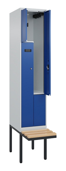 C+P Z-Spind Evolo PLUS, Bank, 2 Fächer, 2120x400x815mm, 7035/5010, Zylinderschloss, Sitzfläche Holz, 0490437-122 S10036