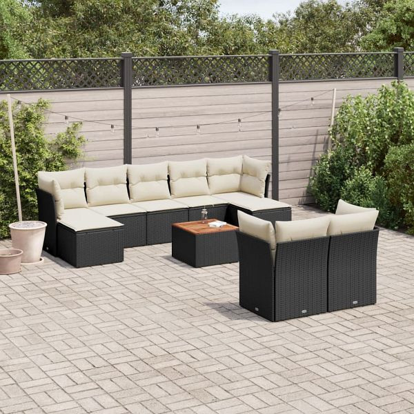 vidaXL 10-teilig Garten-Sofagarnitur mit Kissen Schwarz Poly Rattan, 3256203