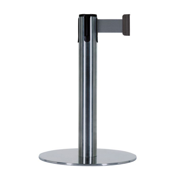 Stein HGS Personenleitsystem "Beltrac Expo" aus Edelstahl, 2,3m, flacher Fuß, mobil, poliert, Gurt: schwarz/gelb, Magnet-Gurtendstück, 28094edp1404