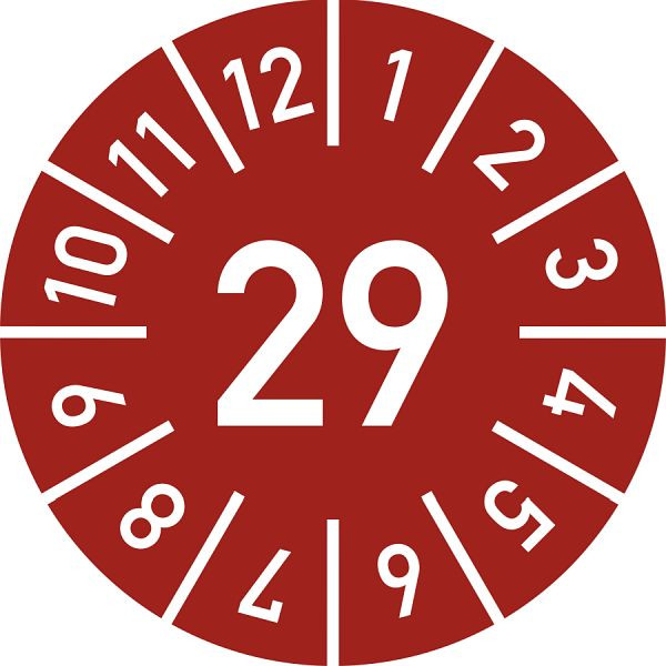 Moedel Prüfplakette Jahr 29 mit Monaten, rot, Folie, Ø 10 mm, VE: 10 Stück/Bogen, 108395