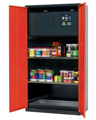 asecos Chemikalienschrank Systema-Plus, anthrazit, rot, Sicherheitsbox und Einlegeböden, Typ CS-30, 218480