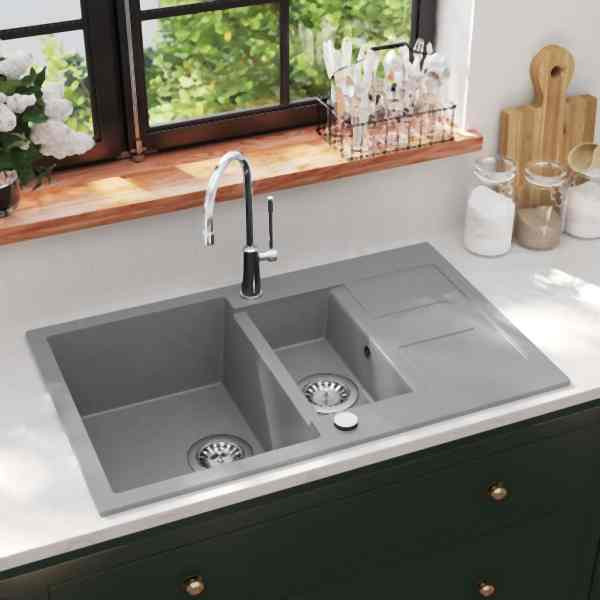 vidaXL Granitspüle Doppelbecken Grau, 142951, 8718475601067