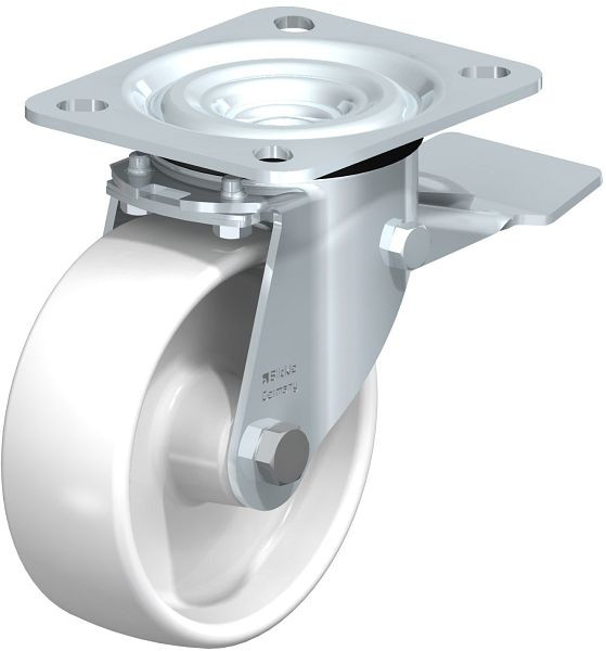 Blickle L-PO 100G-ST Stahlblech-Lenkrolle, mittelschwere Ausführung, mit Anschraubplatte & Feststeller, Polyamid, Weiß, 51953