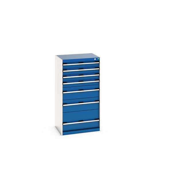 bott cubio Schubladenschrank bestückt, mit 7 Schubladen, BxTxH: 650x525x1200mm, RAL 7035/5010, Enzianblau, 40011063.11V
