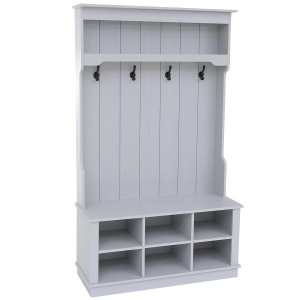 Mendler Garderobe HWC-P26, Flurgarderobe Holzgarderobe Sitzbank, 4 Haken Staufach Ablage Melamin 170x100x39cm, hellgrau, 118662+118663