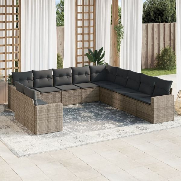 vidaXL 11-teilig Garten-Sofagarnitur mit Kissen Grau Poly Rattan, 3219180