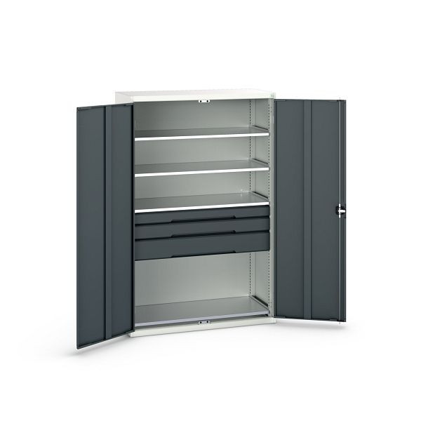 bott verso Flügeltürschrank mit Schubladen, mit 4 Fachböden und 3 Schubladen, BxTxH: 1300 x 550 x 2000 mm, Lichtgrau / Anthrazitgrau, 16926655.19
