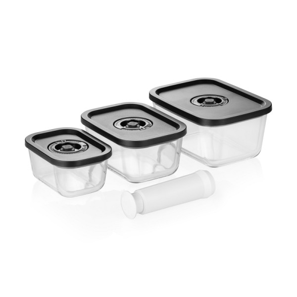 WAS Frischhaltedosen Set mit ABS Deckel, 3-teilig, mit manueller Vakuum Pumpe, Borosilikatglas, 1812003