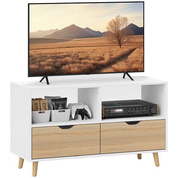 HOMCOM TV-Schrank, TV-Kommode mit Schubladen, Offene Regale, Holz, 99 x 39 x 58 cm, Weiß, 831-289V91WT