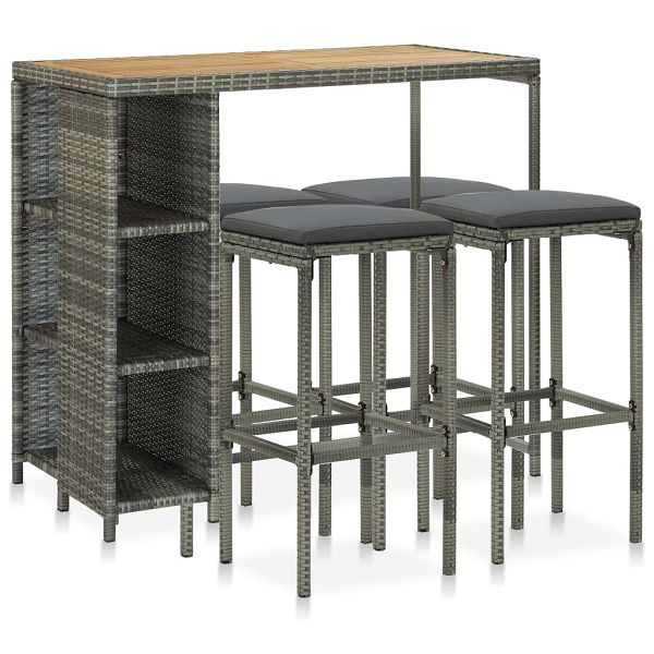 vidaXL 5-teilig Gartenbar-Set mit Kissen Poly Rattan Grau, 3064917