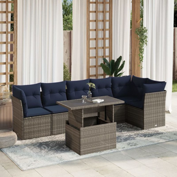 vidaXL 7-teiliges Gartensofa-Set mit Kissen, grau, Polyrattan, 3266601