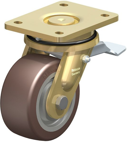 Blickle LS-GB 128K-ST Stahlgeschweißte Schwerlast-Lenkrolle, schwere Drehkranz-Ausführung mit Feststeller, Blickle Besthane®, Braun, 755029